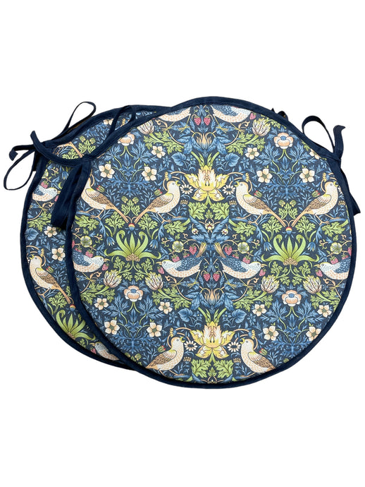 William Morris - Strawberry Thief Navy 100% Cotton Set Of 2 Round Bistro Seat Pads