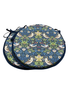 William Morris - Strawberry Thief Navy 100% Cotton Set Of 2 Round Bistro Seat Pads