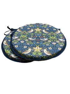 William Morris - Strawberry Thief Navy 100% Cotton Set Of 2 Round Bistro Seat Pads