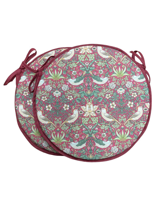 William Morris - Strawberry Thief Crimson 100% Cotton Set Of 2 Round Bistro Seat Pads