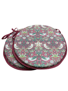 William Morris - Strawberry Thief Crimson 100% Cotton Set Of 2 Round Bistro Seat Pads