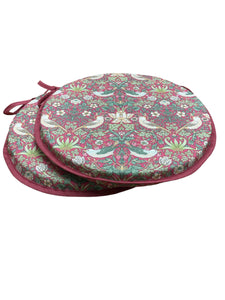 William Morris - Strawberry Thief Crimson 100% Cotton Set Of 2 Round Bistro Seat Pads